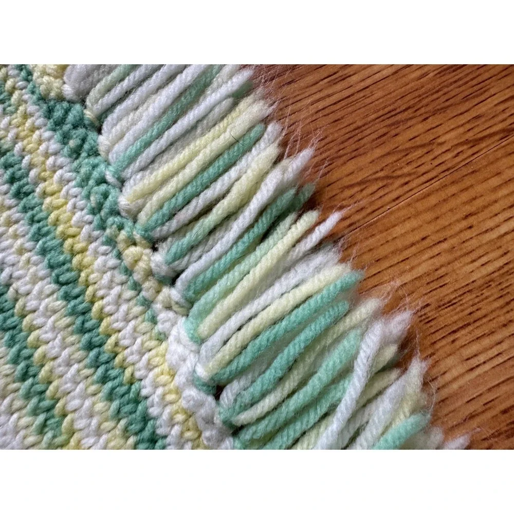 Handmade Knit Baby Blanket Mint Green Yellow White Variegated Fringe 36x56